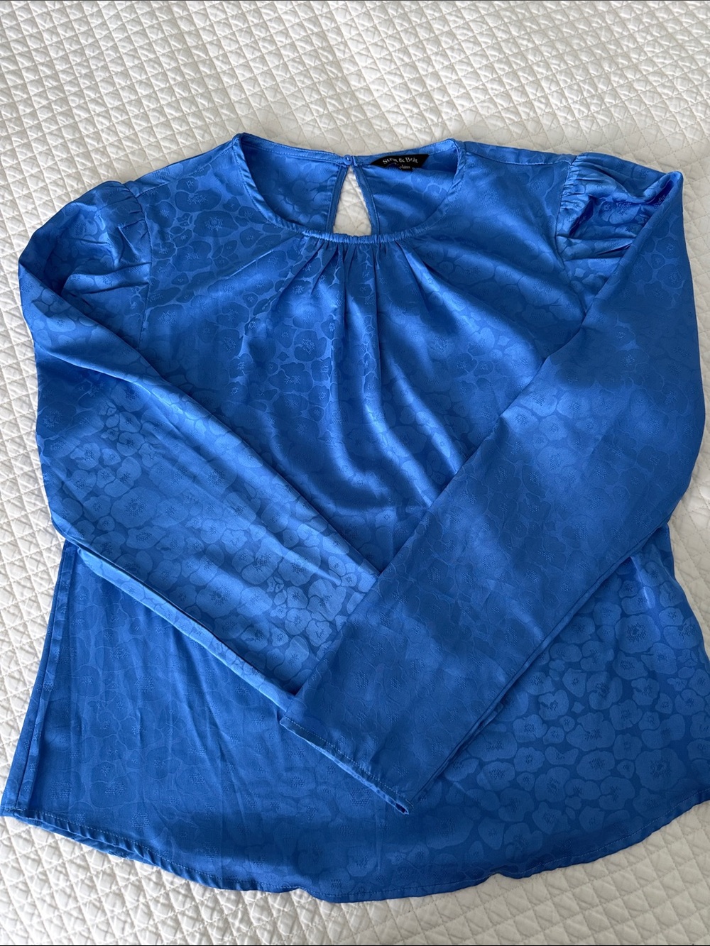Blue Long-Sleeve Floral Satin Blouse